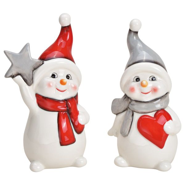 Schneemann Figuren 2er Set Weihnachtsdeko innen Keramik 9x18 cm