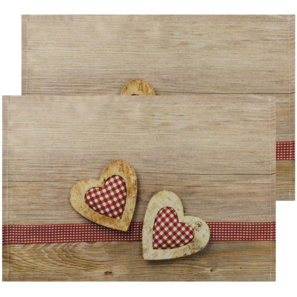 Tischsets Platzsets Textil CLOTH Herzen Karo Holz rot braun 2er Set 45x30 cm