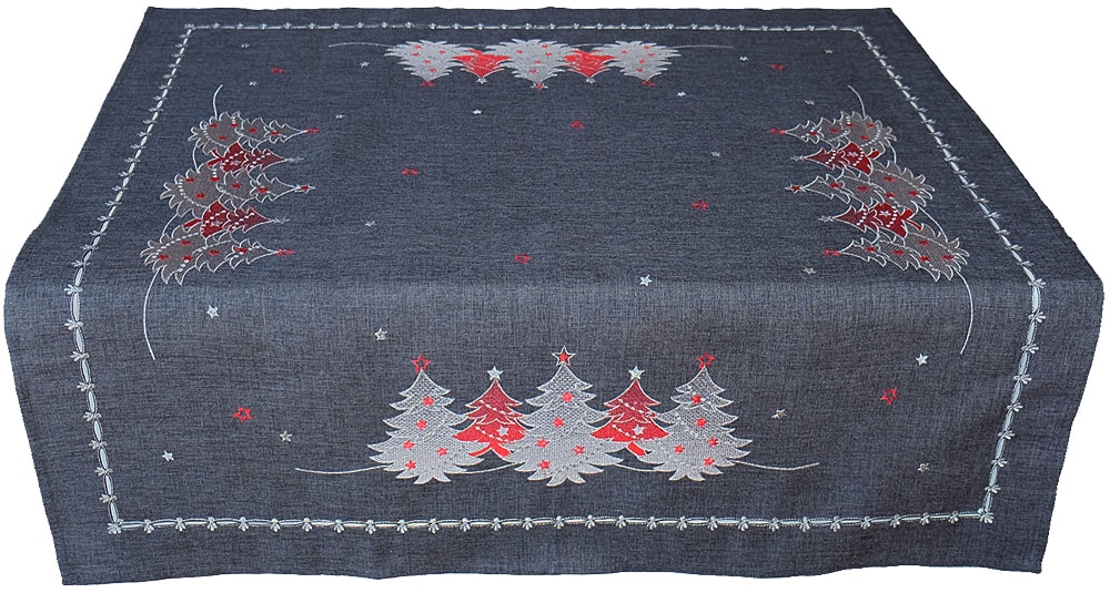Tischdecke Mitteldecke Weihnachten Stick rot cm grau 85x85 Tannenbäume kaufen silber