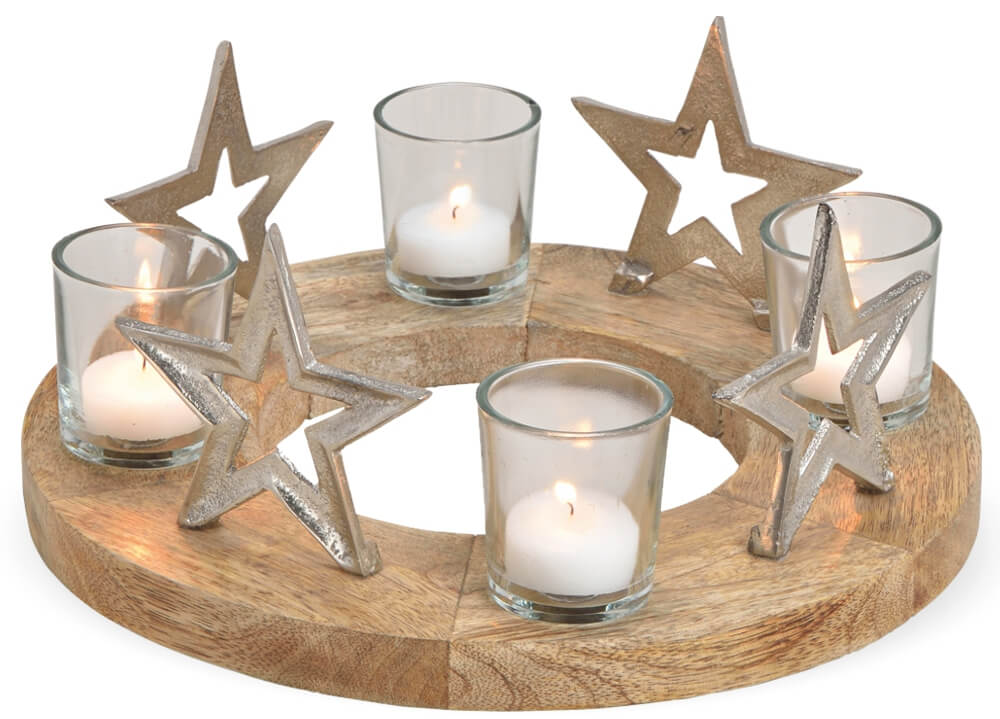 Adventskranz Holz & Sterne Metall & 4x Glas Kerzenhalter Weihnachten Ø 30 cm  kaufen