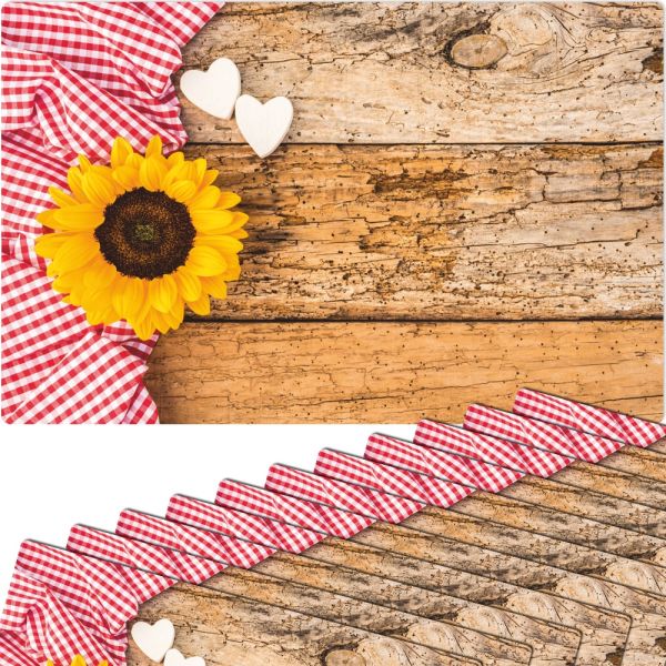 Tischsets Platzsets MOTIV Sonnenblume auf Holz & Karo rot weiß 12 Stk Abwaschbar