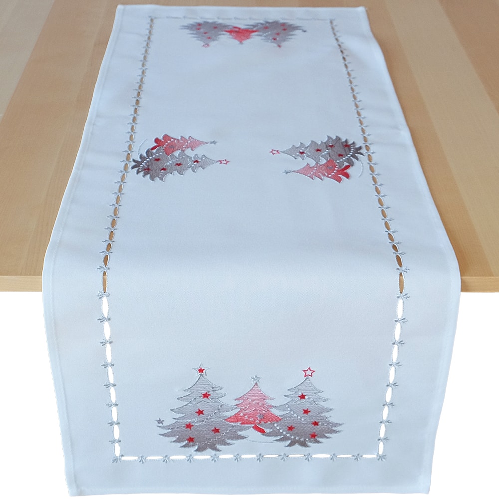Tischläufer Mitteldecke Weihnachten silber kaufen 40x85 Stick rot weiß Tannenbäume cm