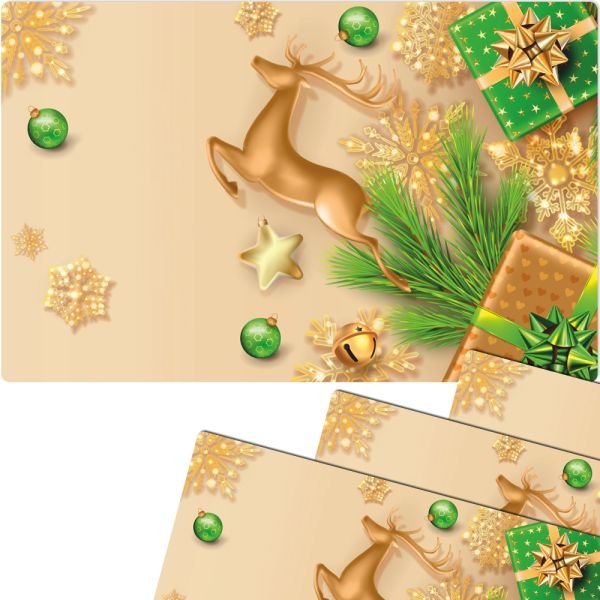 Tischsets Platzsets MOTIV Weihnachten Hirsch Sterne gold grün 4 Stk Abwaschbar