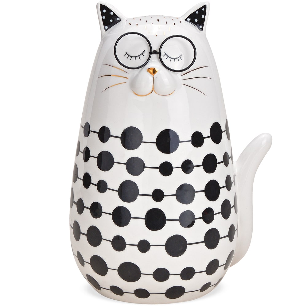 Katze mit Brille Dekofigur Stk & Katzenfigur Punkte 24 cm modern weiß Keramik kaufen 1