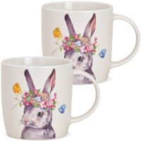 Tassen mit niedlichem Hasen & Vogel Nest Porzellan Kaffeetassen 2er Set je 9 cm