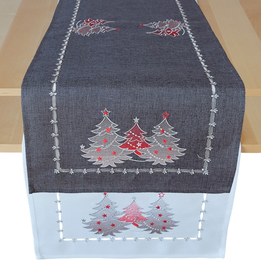 Tischläufer Mitteldecke Weihnachten Stick weiß silber cm kaufen rot Tannenbäume 40x85