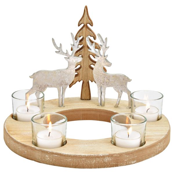 Adventskranz mit Hirschen aus Holz und Glas in silber ø 25x18 cm