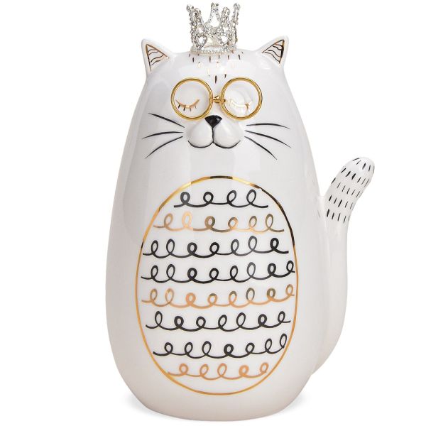 mit weiß Brille Keramik 17 Katzenfigur Goldakzente cm Glitzerkrone & 1 Stk Katze kaufen &