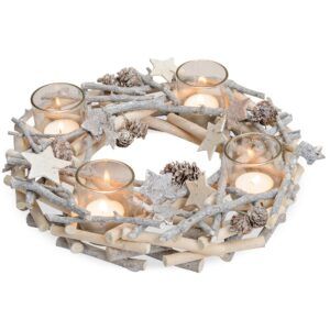 matches21 - Webshop Adventskranz Glas Teelichthalter Holz und aeste weiss dekoriert ca 30 cm 112878 1 20