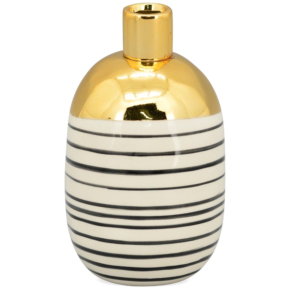 matches21 - Webshop Ausgefallene Blumenvase Vase creme schwarz gold duenne Streifen 1 Stk 9x12 5 cm 120663 1 1