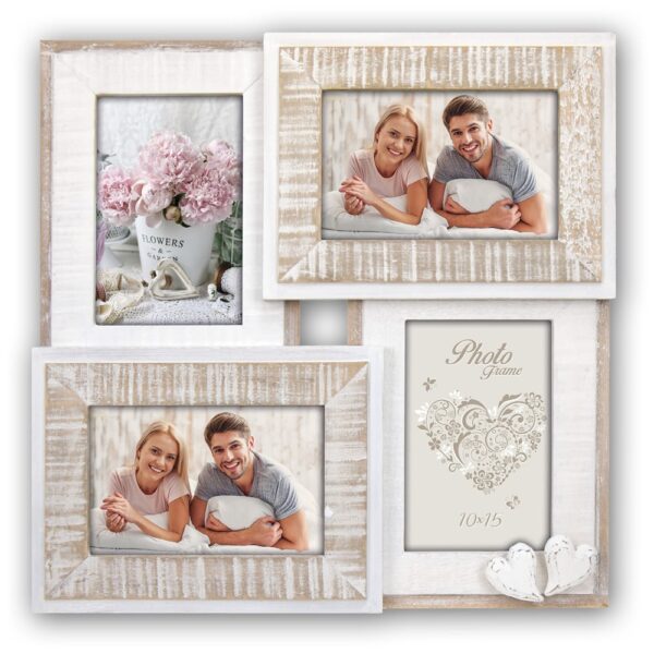 matches21 - Webshop Bilderrahmen Collage Fotorahmen Holz weiss 4 Fotos Vintage und Herz Hochzeit Taufe 119260 1 1