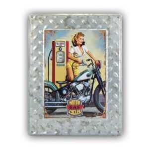 matches21 - Webshop Blechschild mit Rahmen Vintage Motiv Pin Up Girl Motorrad 1 Stk 30x40x0 6 cm bunt 120857 1 5