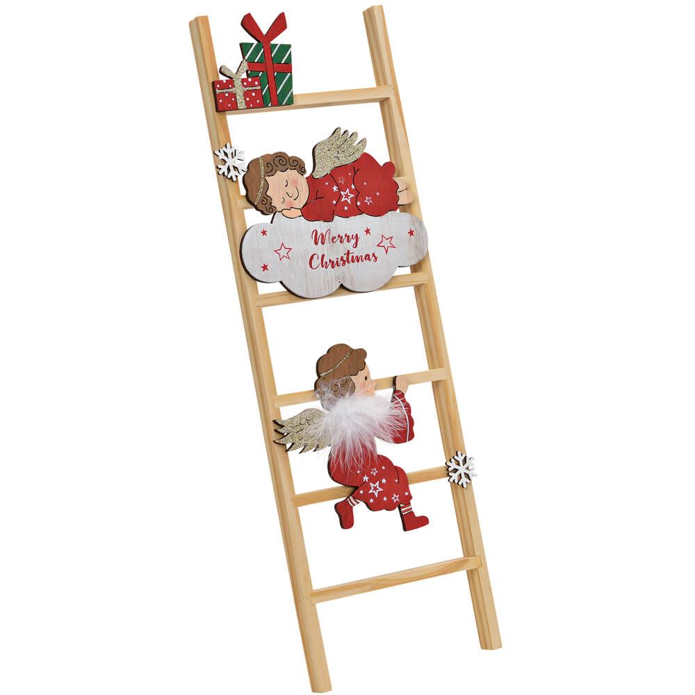 matches21 - Webshop Engel auf Leiter Dekofigur Weihnachtsdeko Figur rot natur Holz 1 Stk 14x45 cm 122563 1 1