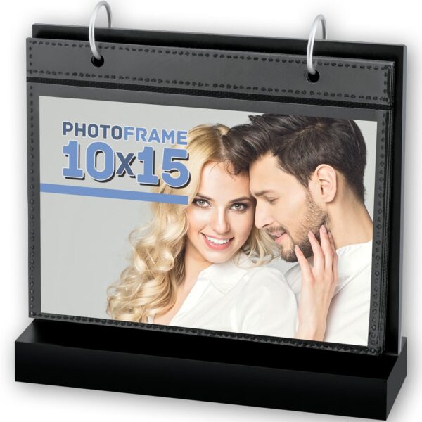 matches21 - Webshop Fotokalender Holz schwarz 12 Monate Metallringe Kunststoffhuellen Quer 13x18 cm 124969 1 1