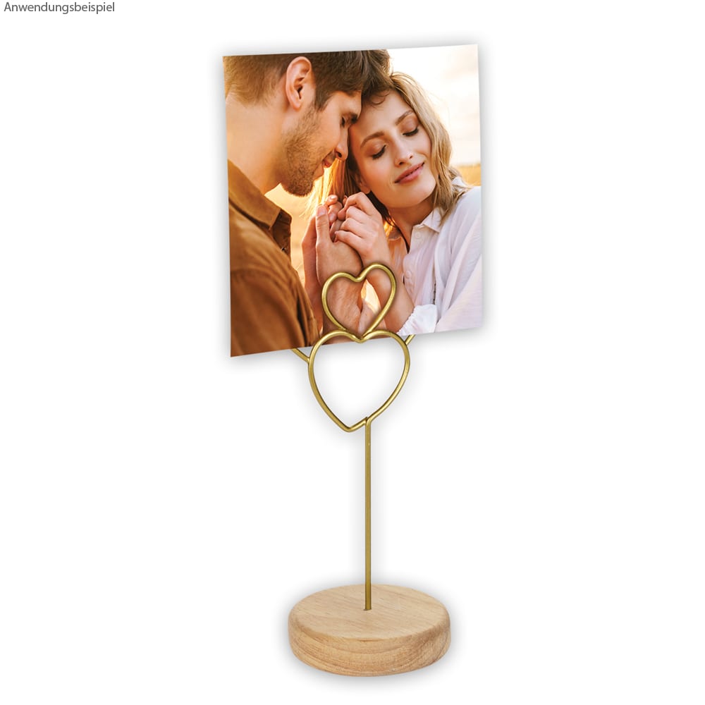 matches21 - Webshop Fotoklemme Fotoclip Metall goldfarben Herzen herzfoermig Holzsockel 16 5 cm 124990 3 1 2