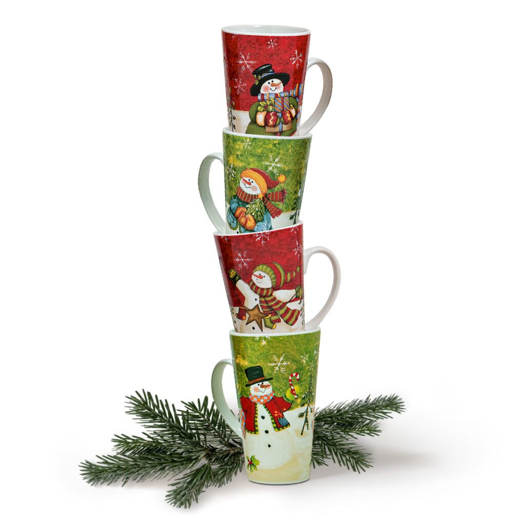 matches21 - Webshop Grosse Becher Tassen Weihnachtsmotiv Schneemann 4er Set 15cm 500 ml gruen rot 103579 1 1