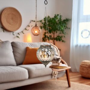 matches21 - Webshop Haengendes Kerzenglas Vintage Windlicht silber in 2 Groessen Modernes Windlichtglas als Kerzenstaender Laterne und Teelichthalter Boho Kerzenhalter Teelichtglas fuer Wohnzimmer Balko 10 56