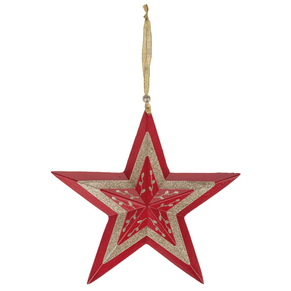 matches21 - Webshop Holzstern Weihnachtsschmuck Haengedeko glitzernd Holz rot gold 1 Stk 24x5 5x22 cm 122700 1 32