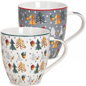 matches21 - Webshop Jumbo Tassen Weihnachtstassen Baeume und Eicheln weiss und grau Porzellan 2er Set 10cm 116648 1 16