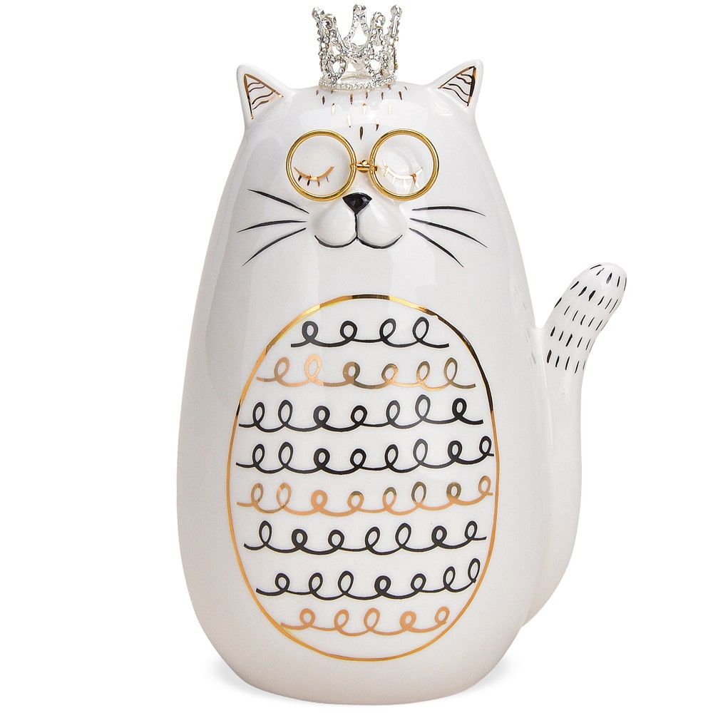 matches21 - Webshop Katze mit Brille und Glitzerkrone Katzenfigur weiss und Goldakzente Keramik 1 Stk 17 cm 123275 1 1