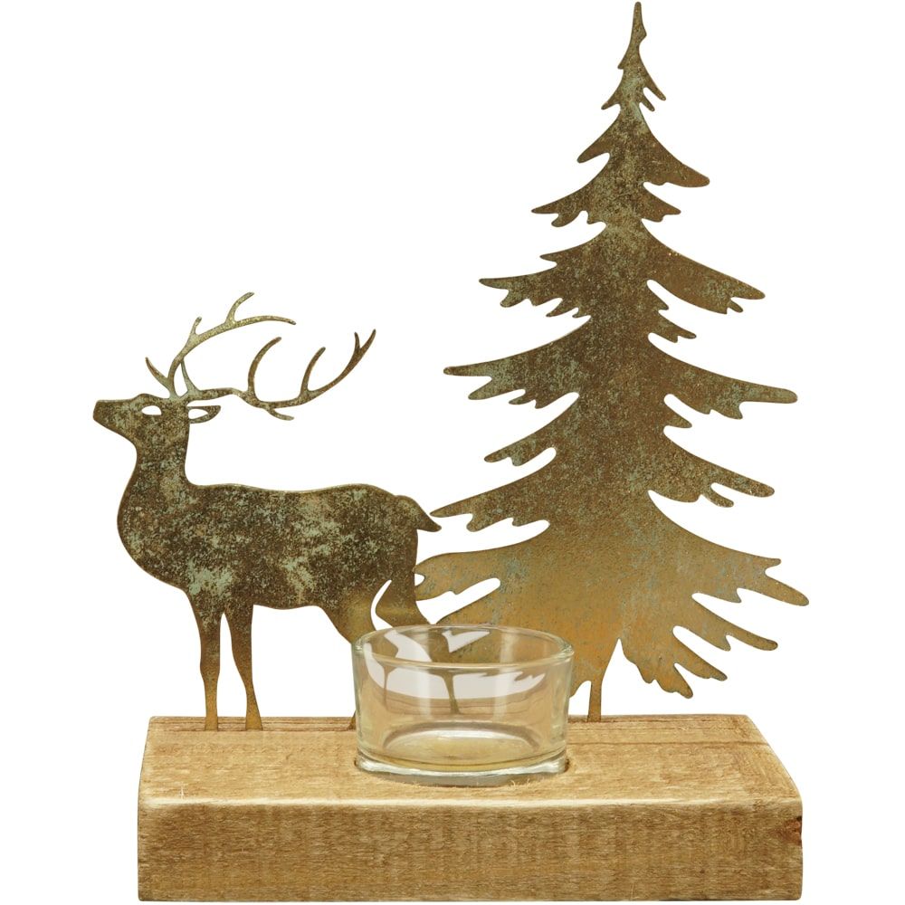 matches21 - Webshop Kerzenhalter Teelichthalter Hirsch Baum Holzfuss Aufsteller gold 20 5 cm 125476 1 1