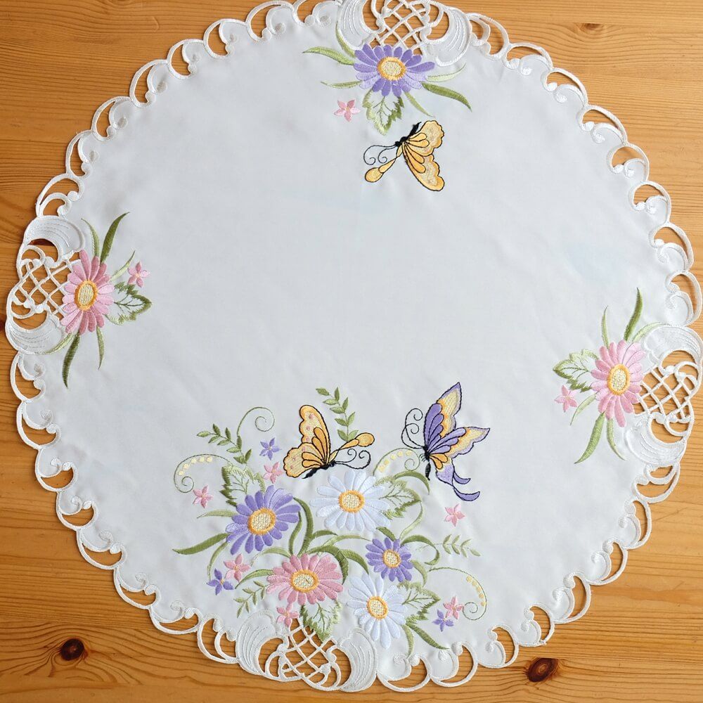 matches21 - Webshop Mitteldecke Tischwaesche Schmetterlinge Blumen Zierkante Stick bunt 60 cm rund 117138 1 1