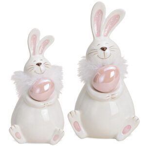 matches21 - Webshop Niedlicher Osterhase mit Ei und Pluesch Keramik Osterdeko weiss rosa 1 Stk 2 Groessen 117842 1 3