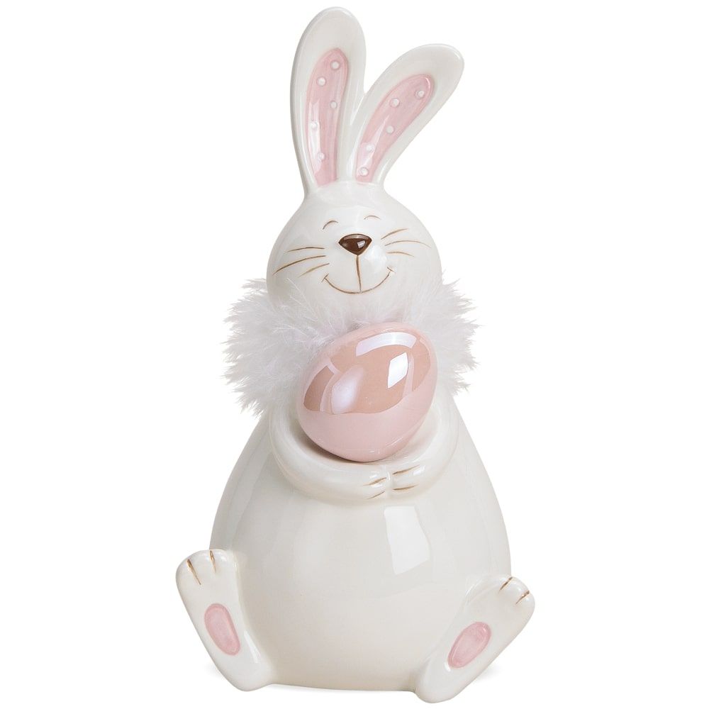 matches21 - Webshop Niedlicher Osterhase mit Ei und Pluesch Keramik Osterdeko weiss rosa 1 Stk 2 Groessen 117842 2 1 9