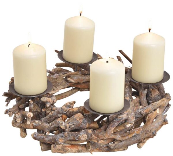 matches21 - Webshop Rustikaler Adventskranz Wurzelholz Treibholz Holz Altholz und 4 Kerzenhalter 30 cm 116821 1 1