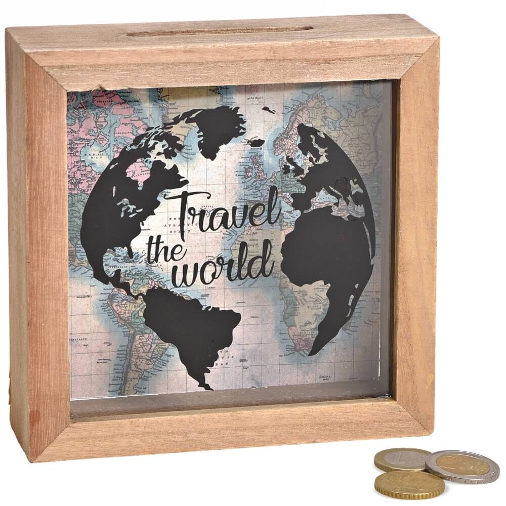 matches21 - Webshop Spardose Geld Rahmen Holz Einwurfschlitz Geldgeschenk Travel the world 15x15cm 116911 1 9