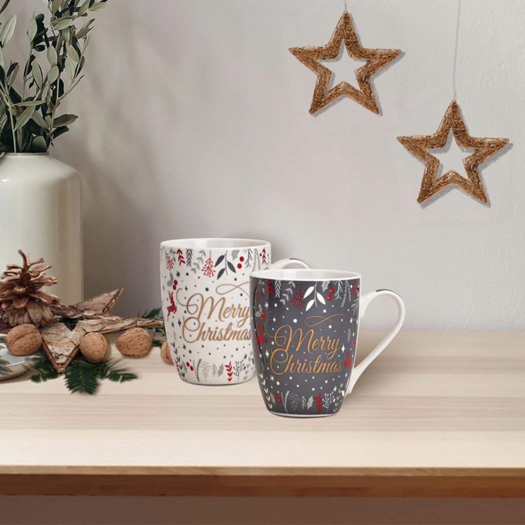 matches21 - Webshop Tassen Kaffeebecher Merry Christmas grau weiss Porzellan 2er Set sort 340 ml 10 cm 119671 4 1 4