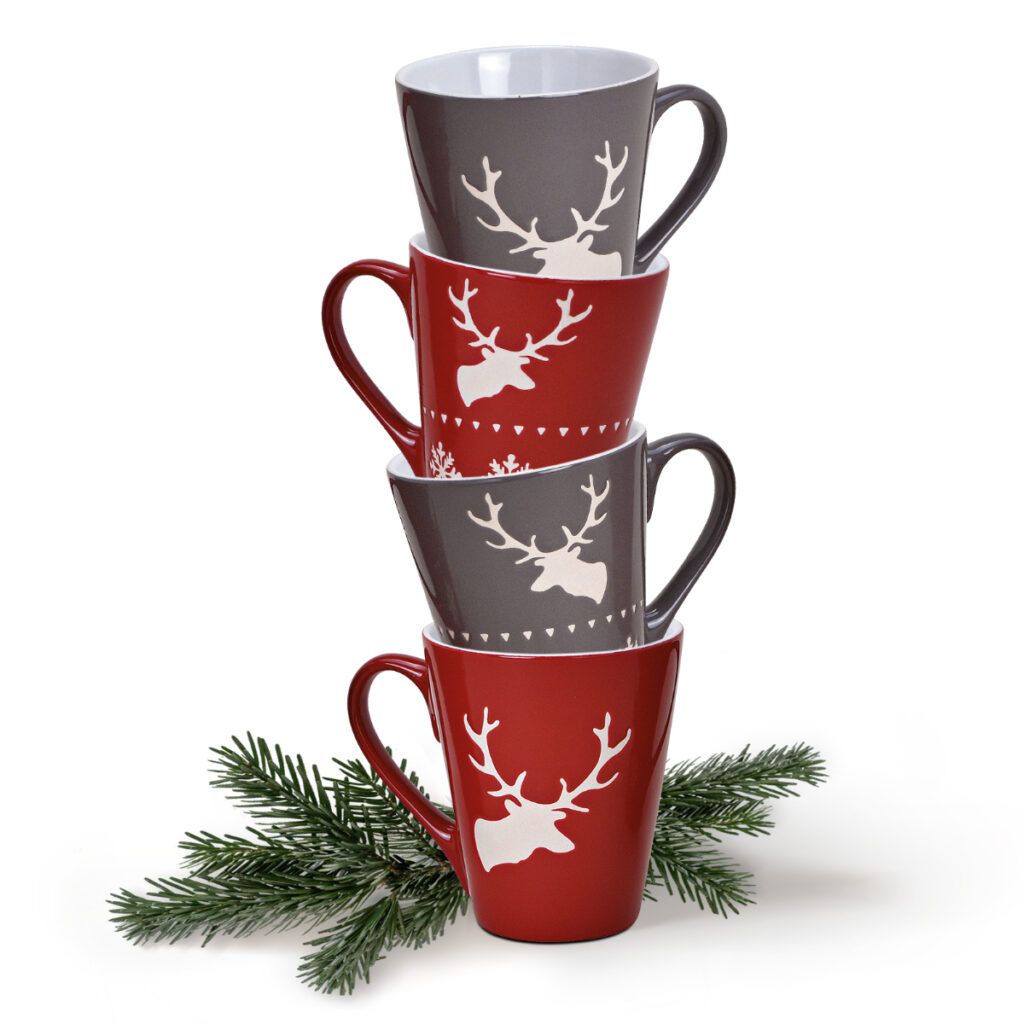 matches21 - Webshop Tassen Kaffeebecher Weihnachten Hirsche rot und grau Steingut 36 Stk 200 ml 119676 1 1