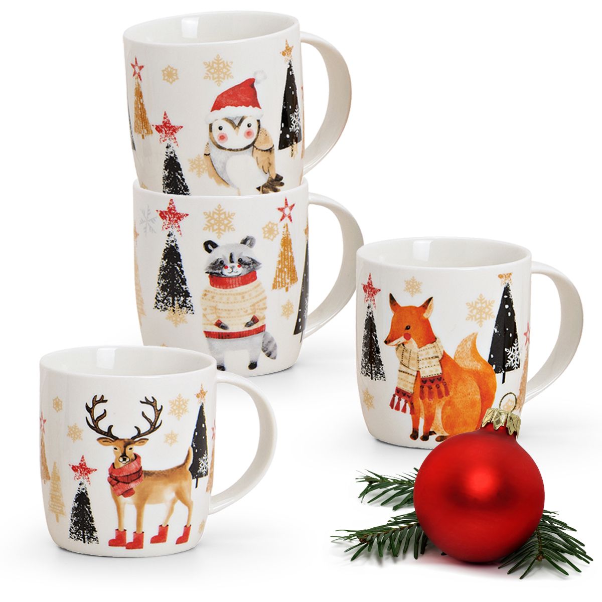 Tassen Kaffeebecher Weihnachten Wald Tiere Tannen Porzellan 4er Set sort 300 ml