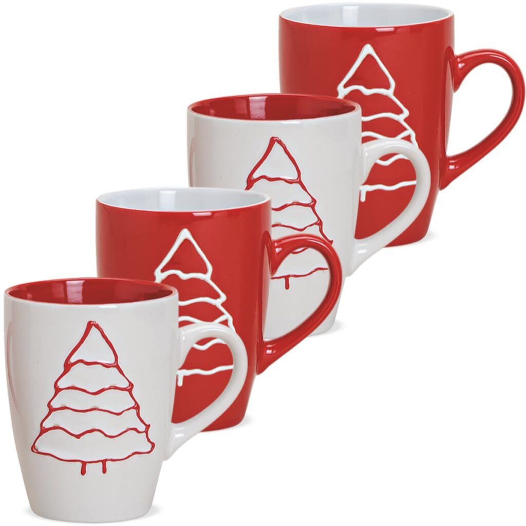 matches21 - Webshop Tassen Weihnachtstassen Tannenbaum Relief Keramik rot weiss 4er Set 280 ml 114734 1 1 1