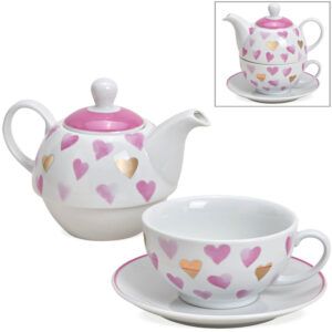 matches21 - Webshop Tea For One Geschenk Set Porzellan Herz Motiv rosa gold Teekanne Tasse und Teller 116793 1 4