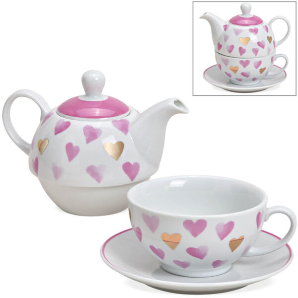 matches21 - Webshop Tea For One Geschenk Set Porzellan Herz Motiv rosa gold Teekanne Tasse und Teller 116793 1 1