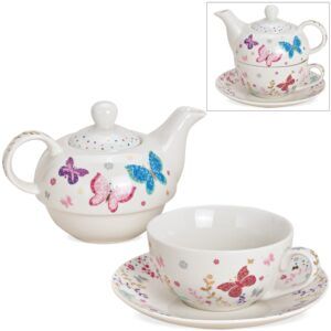 matches21 - Webshop Tea For One Geschenk Set Porzellan bunte Schmetterlinge Teekanne Tasse und Teller 117793 1 13