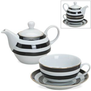 matches21 - Webshop Tea For One Geschenkset Streifen schwarz weiss Goldrand Teekanne Tasse und Teller 116589 1 4