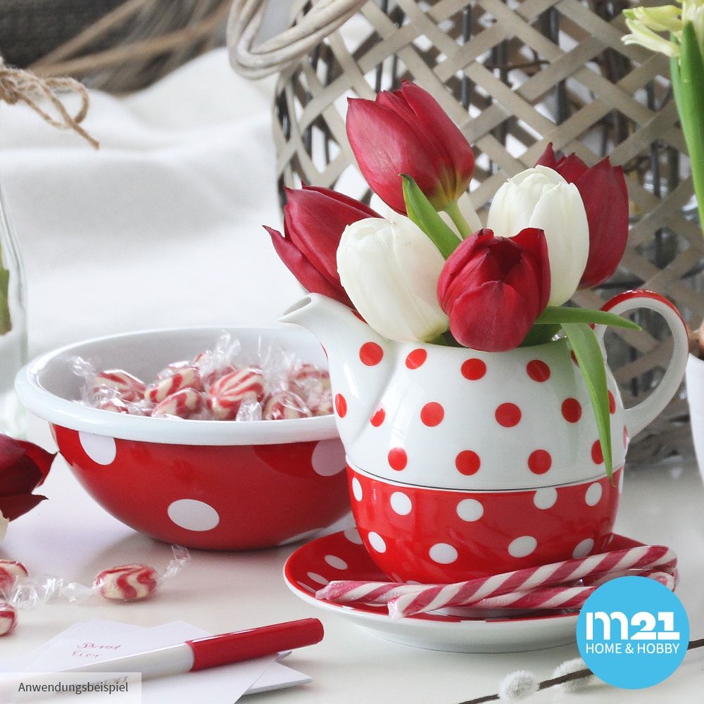 matches21 Teekanne mit Tasse Teebecher und Untersetzer Teller Set rot gepunktet 15x14 cm 100278 1 3