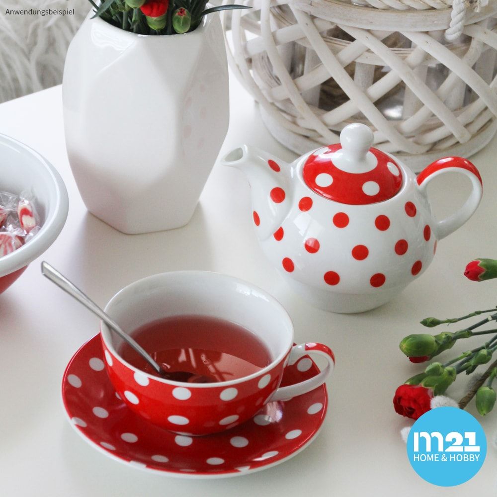 matches21 Teekanne mit Tasse Teebecher und Untersetzer Teller Set rot gepunktet 15x14 cm 100278 1 1 4