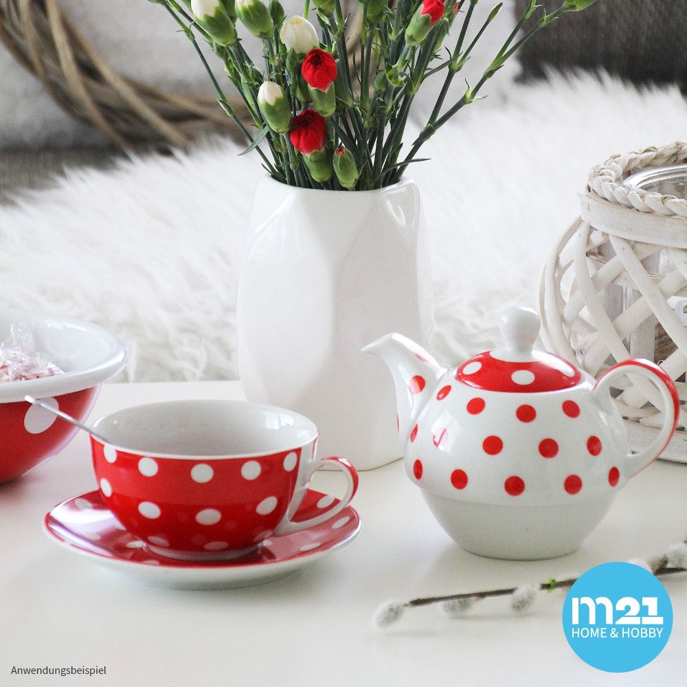 matches21 Teekanne mit Tasse Teebecher und Untersetzer Teller Set rot gepunktet 15x14 cm 100278 2 1 2