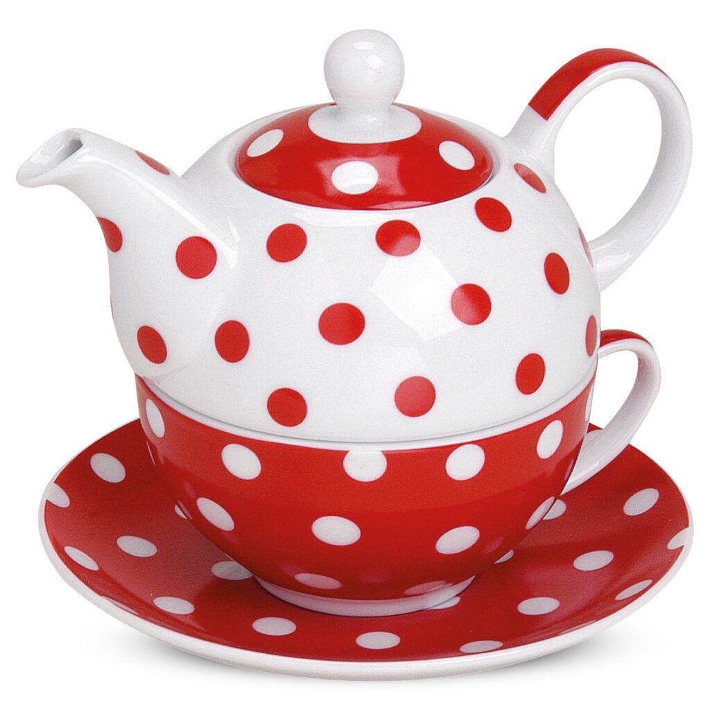matches21 Teekanne mit Tasse Teebecher und Untersetzer Teller Set rot gepunktet 15x14 cm 100278 4 1 1