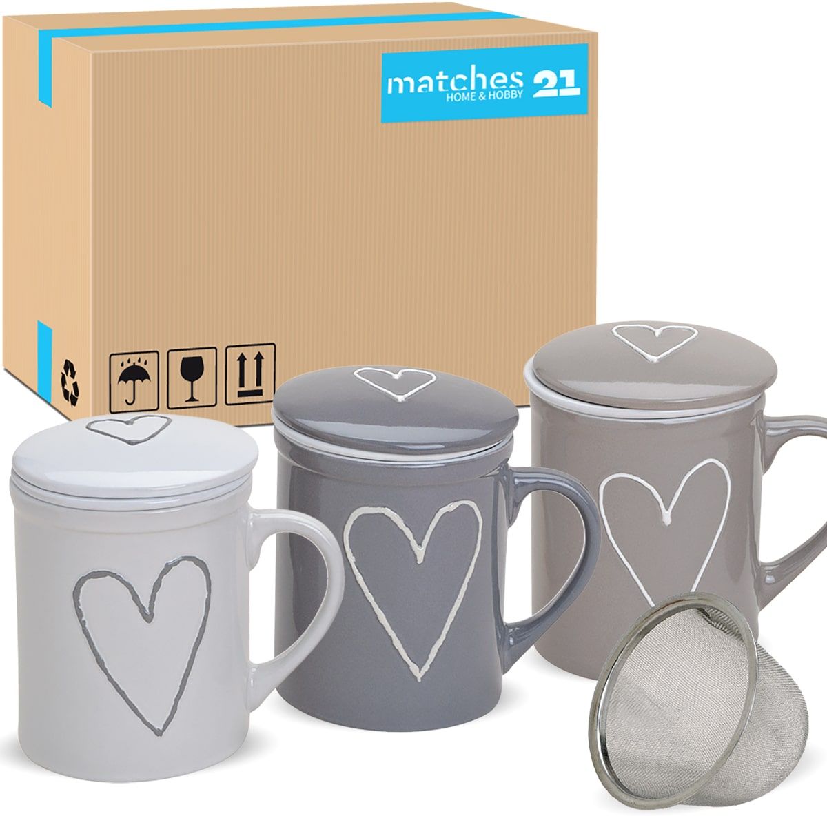 matches21 - Webshop Teetasse Teebecher 36 Stk weiss beige grau Deckel und Sieb Porzellan 110810 1 11