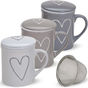 matches21 - Webshop Teetasse Teebecher 3er Set weiss beige grau Deckel und Sieb Porzellan 10 cm 300 ml 110809 1 1 7