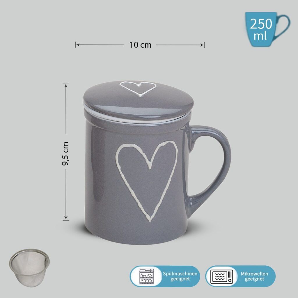 matches21 - Webshop Teetasse Teebecher 3er Set weiss beige grau Deckel und Sieb Porzellan 10 cm 300 ml 110809 4 1 5