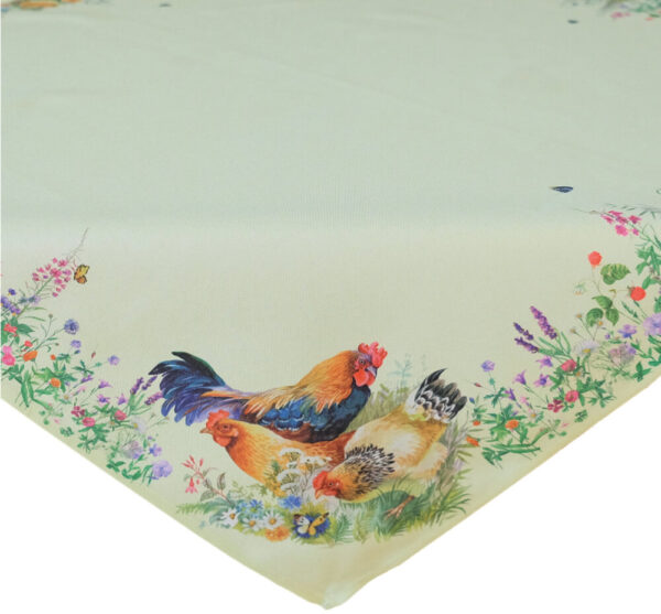 matches21 - Webshop Tischdecke Mitteldecke Hahn Henne Kueken Blumenwiese Druck Tischwaesche 85x85 cm 120996 1 1