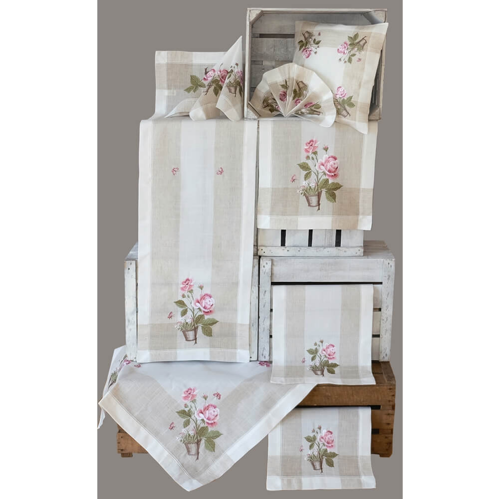 matches21 - Webshop Tischdecke Tischwaesche Rosen rosa mediterran Leinenoptik beige 35x35 cm 115875 1 1 2