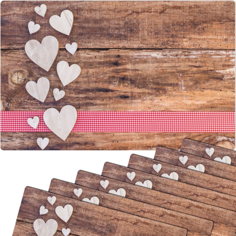 matches21 Tischsets Platzsets MOTIV Landhaus Herzen Karoband rot und Holz 8 Stk Abwaschbar 119033 1 1 1