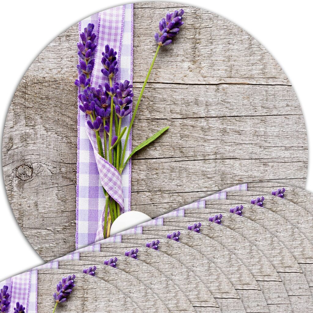 matches21 - Webshop Tischsets Platzsets MOTIV Lavendel auf Holzbrett 12 Stk abwaschbar rund 38 cm 111089 1 1 1