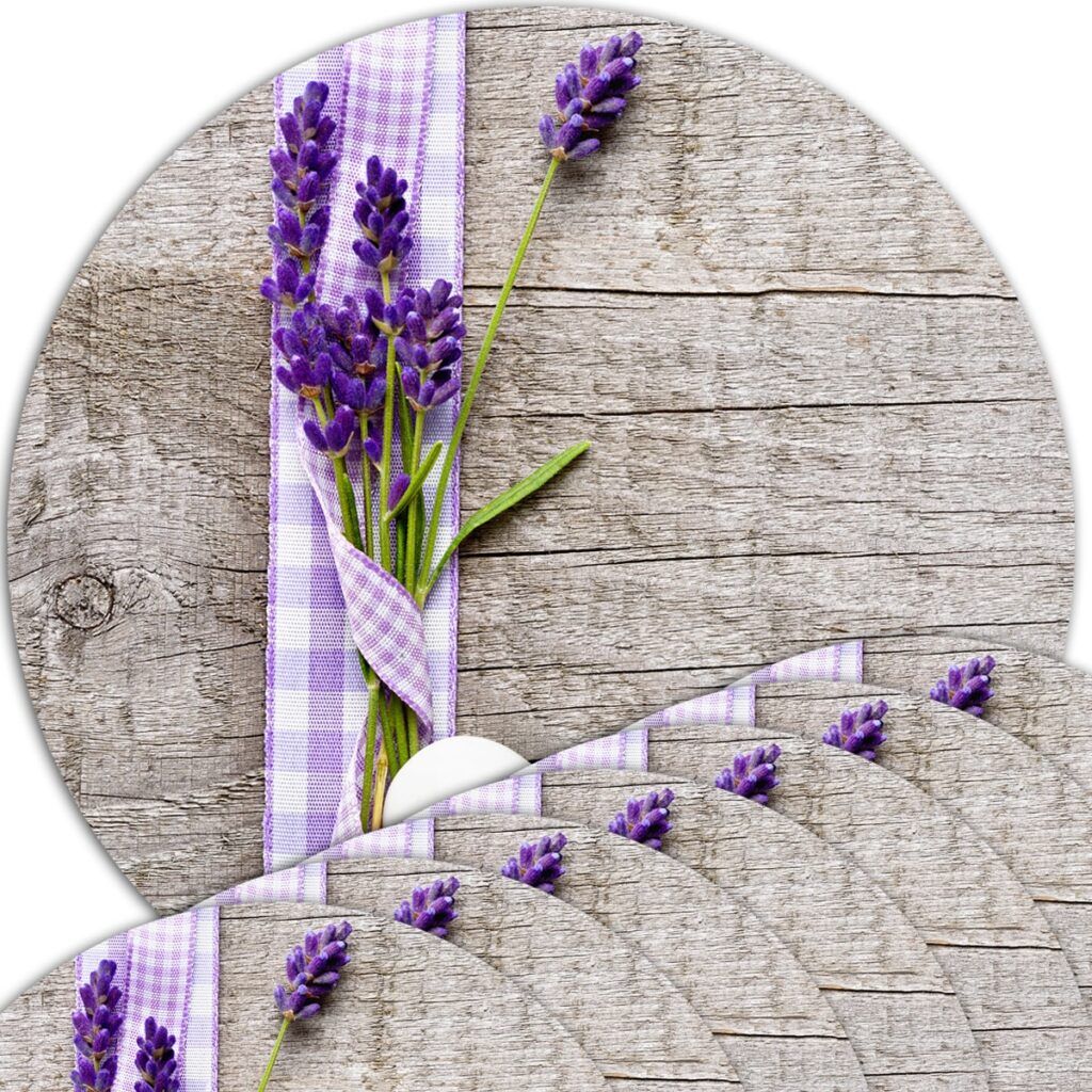 matches21 - Webshop Tischsets Platzsets MOTIV Lavendel auf Holzbrett 8 Stk abwaschbar rund 38 cm 111088 1 1